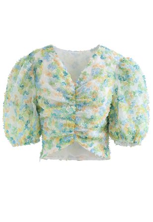 3D Petals Mesh Overlay Crop Top in Green - Retro, Indie and Unique Fashion