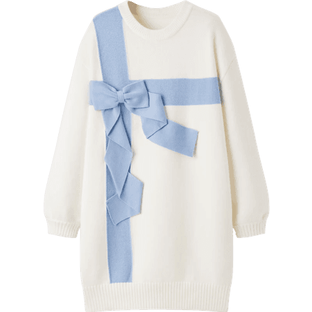 white sweater dress with blue bow