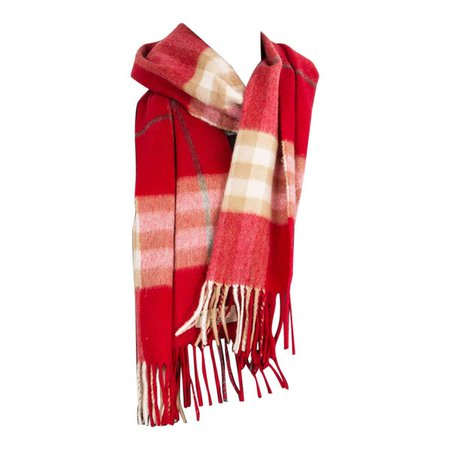 BURBERRY red and beige cashmere BIG CHECK Muffler Scarf Shawl For Sale at 1stDibs