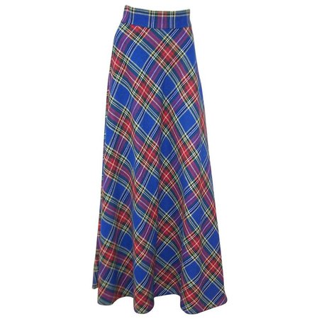 1970's Electric Blue Wool Plaid Maxi Skirt For Sale at 1stdibs