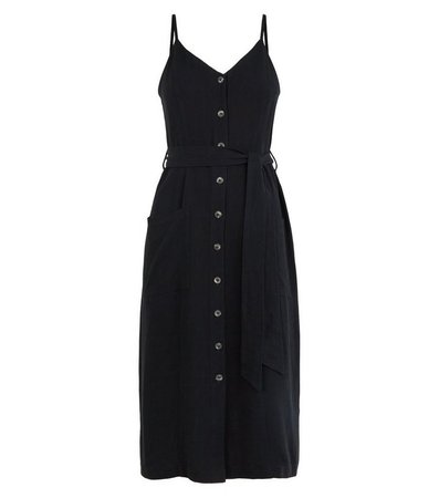 Black Linen-Look Belted Midi Dress | New Look