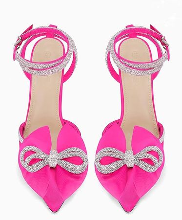 Amazon.com | Coutgo Women's High Heels Rhinestone Strappy Satin Bow Closed Toe Wedding Bridal Dress Shoes Ankle Strap Pumps Rose Red | Pumps
