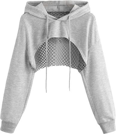 Verdusa Women's Hollow Out Fishnet Long Sleeve Drawstring Hoodie Super Crop Sweatshirt Black XL at Amazon Women’s Clothing store