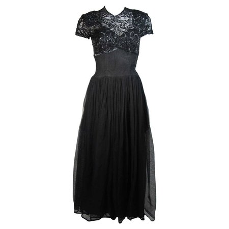 Ceil Chapman Attributed Black Gown with Beaded Bodice Size Small For Sale at 1stDibs