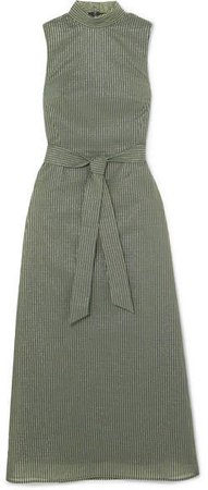 Cefinn - Belted Metallic Striped Cotton-blend Voile Dress - Green