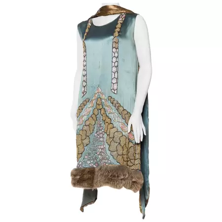 1920S Teal Silk Charmeuse Deco Beaded Cocktail Dress With Fur Hem and Lamé Shawl For Sale at 1stDibs