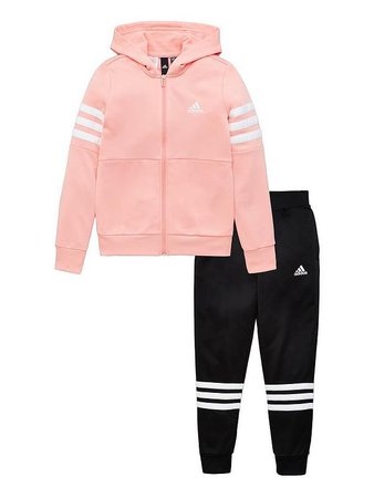 adidas Childrens 2 Piece Zip Front Hoodie and Joggers Set - Pink | very.co.uk