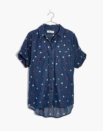 Embroidered Denim Courier Shirt in Confetti Floral