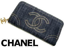 BUY JAPANESE - Kawaii CHANEL blue denim fabric zip wallet.