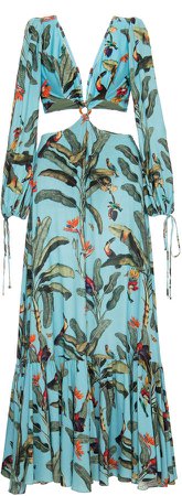 Beaded Tropical Print Cutout Maxi Dress