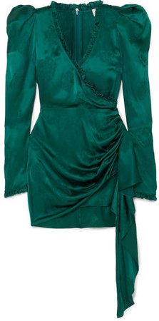 Carlton Wrap-effect Ruffle-trimmed Silk-satin Jacquard Dress - Forest green