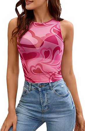 CHYRII Women's Sexy Cute Y2K Mesh Summer Tank Tops Sheer Heart Print Crop Tops Pink-7116 XL at Amazon Women’s Clothing store