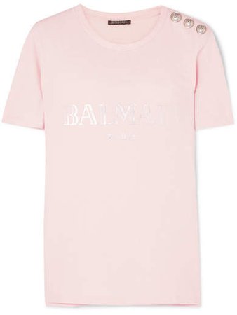 Button-embellished Printed Cotton-jersey T-shirt - Pink