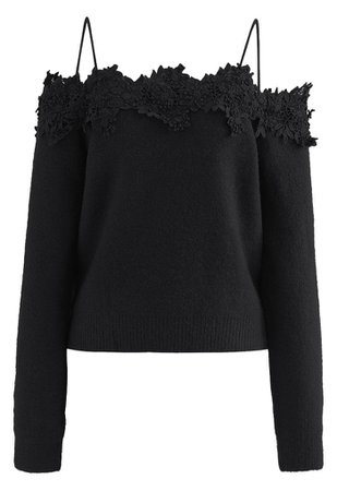 3D Floral Crochet Edge Off-Shoulder Soft Knit Top in Black - Retro, Indie and Unique Fashion