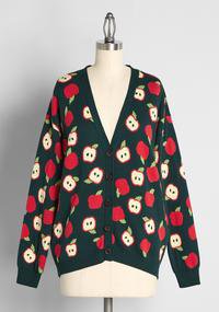 novelty print food print fruit primary colors pop kei  Apple-ly Ever After Cardigan | ModCloth