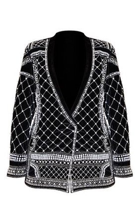 Premium Black Velvet Embellished Beaded Oversized Blazer | PrettyLittleThing