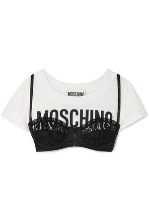 Moschino Cropped Layered Lace Trimmed Satin and Printed Cotton-Jersey Top