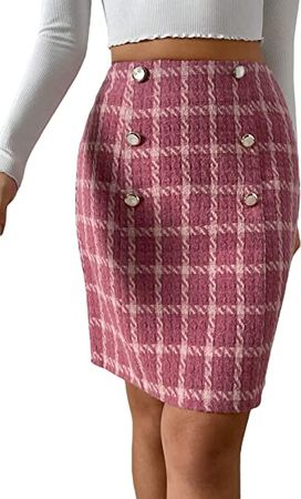 Amazon.com: WDIRARA Women's Tweed Plaid High Waisted Button Decor Elegant Bodycon Midi Pencil Skirt : Clothing, Shoes & Jewelry