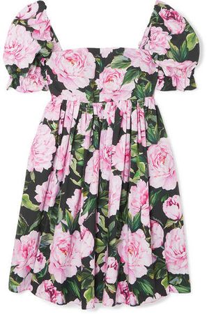 Shirred Floral-print Cotton Mini Dress - Pink