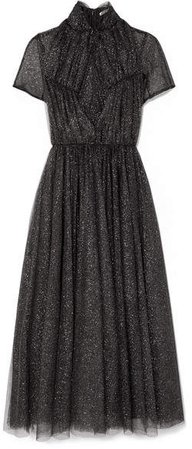 Gabriel Ruched Glittered Tulle Dress - Black
