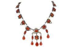 Diamonds sapphires rubies emeralds red Corals Dropsrose/ Necklace Retro