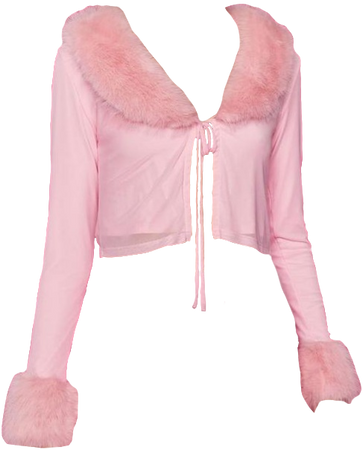 pink fur trimmed tie front cardigan