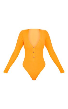 Neon Orange Long Sleeve Button Bodysuit | PrettyLittleThing USA