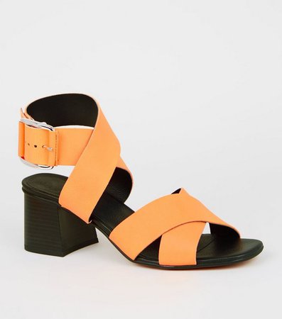 Orange Premium Neon Leather Cross Strap Sandals | New Look