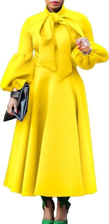 Women's Plus Size Bowtie Neck Lantern Sleeve Dress Elegant Long Sleeves High Waist A-Line Big Swing Maxi Long Dresses at Amazon Women’s Clothing store