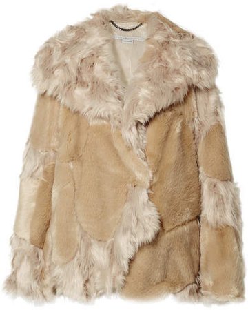 Oversized Patchwork Faux Fur Coat - Beige