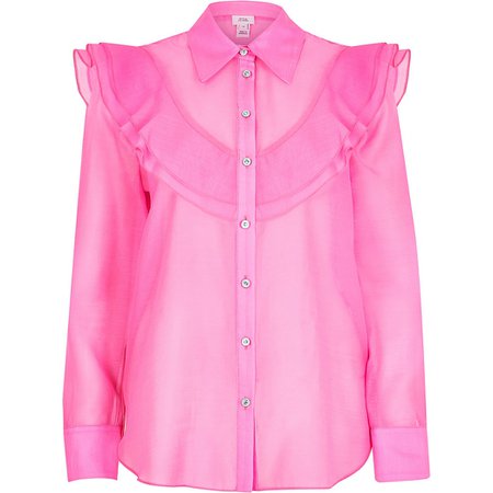 Pink long sleeve frill front shirt | River Island