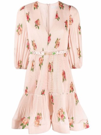 Shop ZIMMERMANN Blush Floral-print pleated mini dress with Express Delivery - FARFETCH