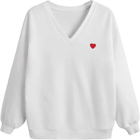 SweatyRocks Women's Heart Graphic V Neck Long Sleeve Sweatshirt Drop Shoulder Pullover Top White S at Amazon Women’s Clothing store