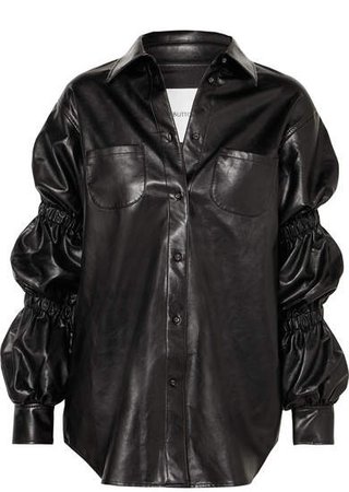 Pushbutton - Ruched Faux Leather Shirt - Black