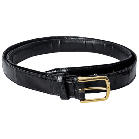 1980s Men's Black Eelskin Leather Belt with Goldtone Buckle - US 40, 1980s