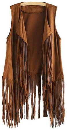 XUANOU Women Ethnic Style Sleeveless Faux Suede Tassels Vest Cardigan (Large, Khaki) at Amazon Women's Coats Shop