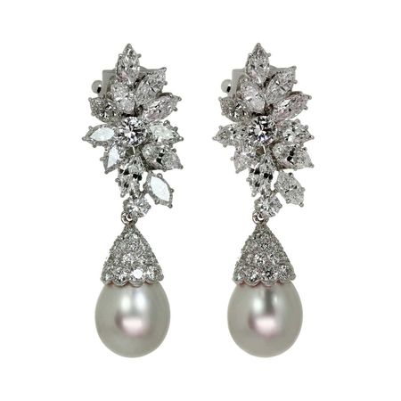 Van Cleef and Arpels Diamond Detachable Cultured Pearl Drop Clip-On Earrings For Sale at 1stDibs