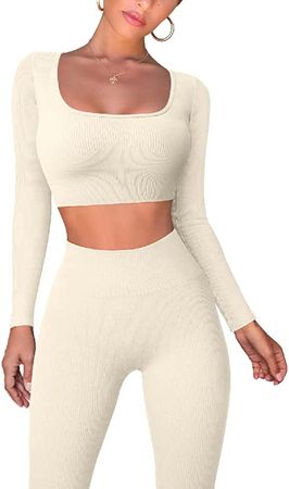 .com .com: OQQ Workout Outfits for Women 2 Piece Ribbed  Exercise Long Sleeve Tops High Waist Leggings Active Yoga Set Beige :  Clothing, Shoes & Jewelry