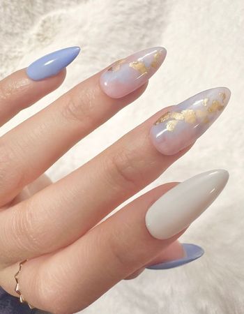 Blue White and Gold marble nails
