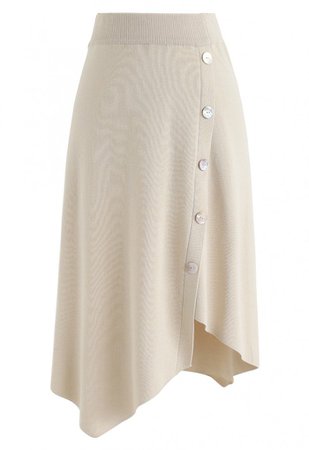 Shell Buttons Trim Asymmetric Knit Skirt in Cream - Skirt - BOTTOMS - Retro, Indie and Unique Fashion