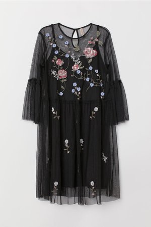 Tulle dress - Black/Flowers - Ladies | H&M GB