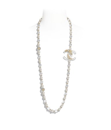 Long Necklace, metal, glass pearls, imitation pearls, diamanté & resin, gold, pearly white, transparent & crystal - CHANEL