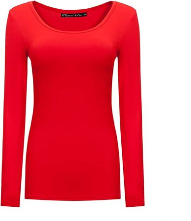 OThread & Co. Women's Long Sleeve T-Shirt Scoop Neck Basic Layer Stretchy Shirts (Medium, Red) at Amazon Women’s Clothing store