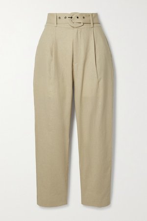 Elyse Belted Linen And Cotton-blend Straight-leg Pants - Beige