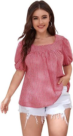 Romwe Women's Plus Size Summer Plaid Short Puff Sleeve Square Neck Pleated Blouse Top at Amazon Women’s Clothing store