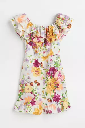 Off-the-shoulder flounced dress - White/Floral - Ladies | H&M