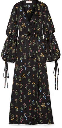 Doria Floral-print Sateen Wrap Maxi Dress - Black