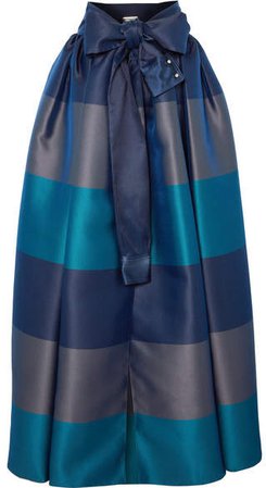 Bow-detailed Embellished Striped Satin-piqué Maxi Skirt - Navy