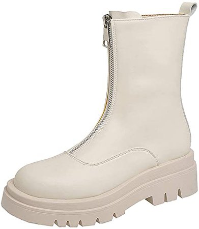 Amazon.com | Parisuit Womens Chunky Mid Heel Booties Platform Mid Calf Boots Front Zipper Ankle Boots Fashion Winter Shoes-Beige Size 4 | Ankle & Bootie