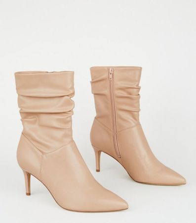 Pale Pink Leather-Look Slouch Stiletto Calf Boots | New Look